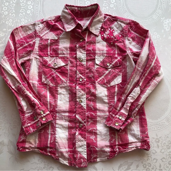 Rodeo Girl By Lin Western Style Pink/White Plaid Shirt Girls Size M Embroidered - Picture 15 of 16